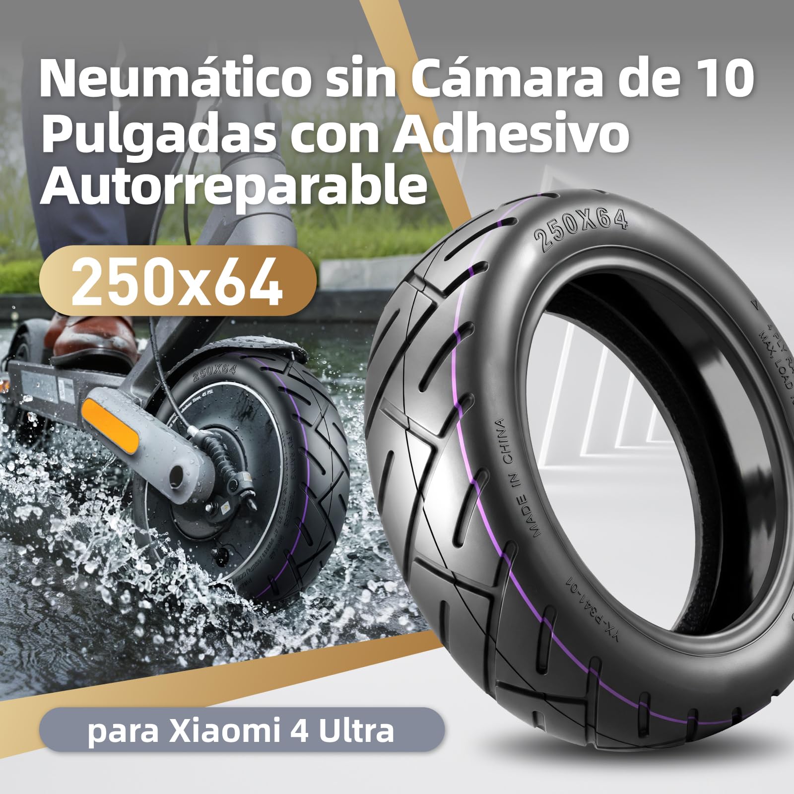 250 x 64 CST - Neumático auto-reparable para patinete eléctrico Xiaomi 4 Ultra - 10" - Neumático de repuesto con adhesivo Live - Aspirador sin cámara de aire delantera/trasera - Con boquilla