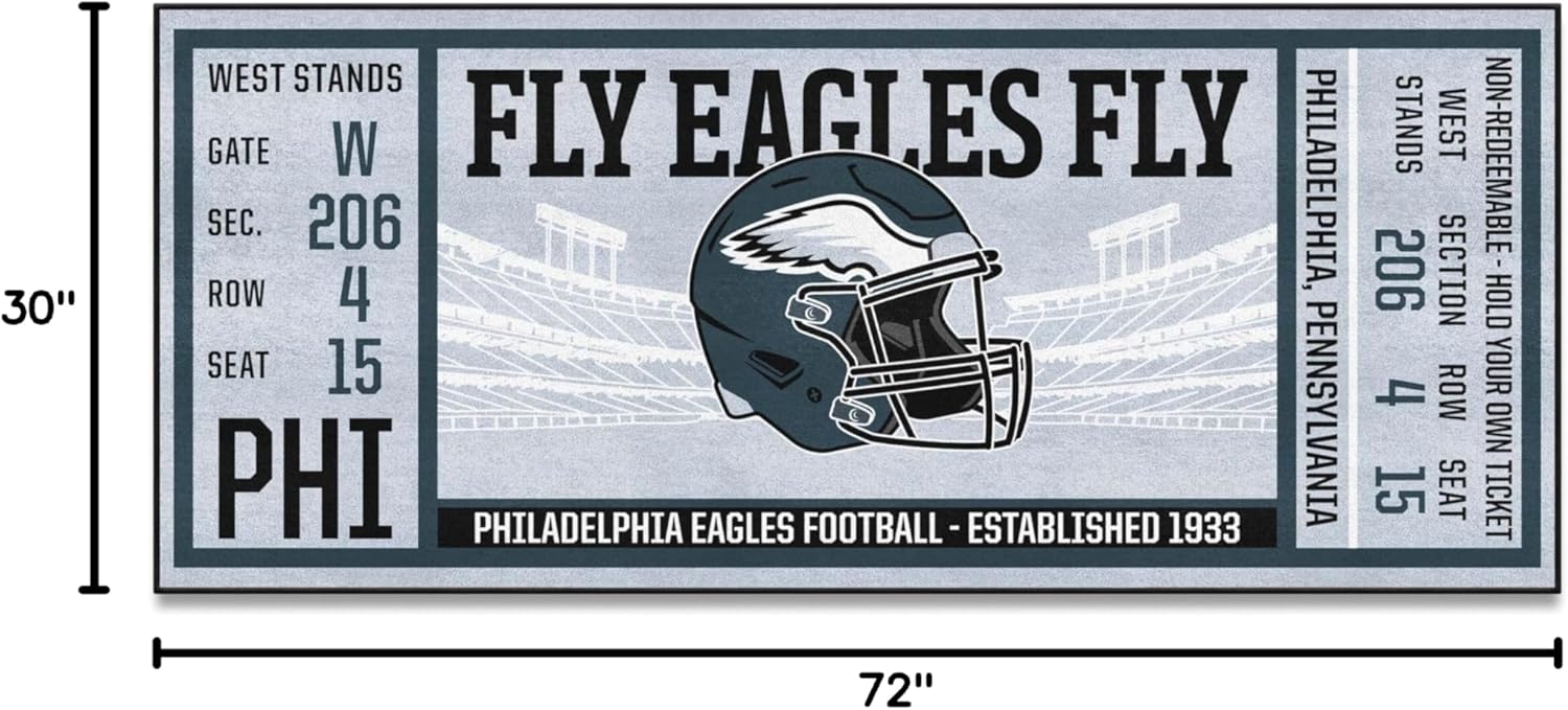 FANMATS 23133 NFL - Philadelphia Eagles Ticket Design Runner Rug - 30in. x 72in. | Sports Fan Area Rug, Home Decor Rug and Tailgating Mat