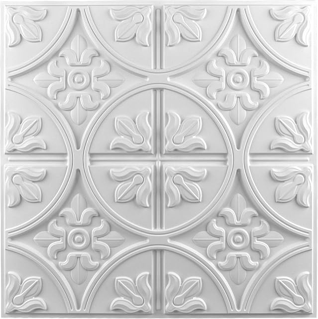 Art3d Wiszące płytki sufitowe 61 x 61cm, klejony panel sufitowy, fantazyjny klasyczny styl w kolorze białym