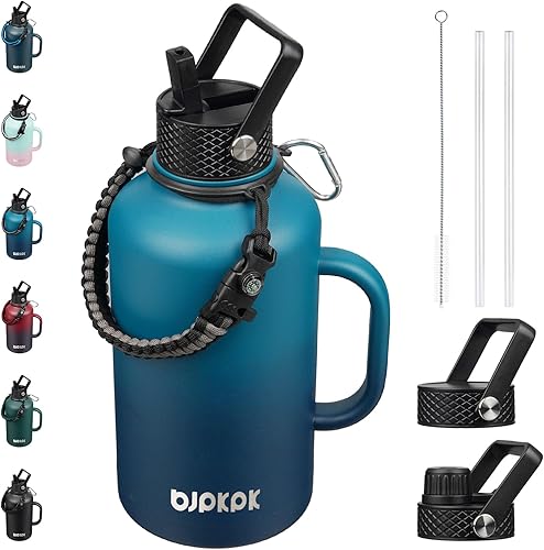 Miniatura 38 de BJPKPK Botella de agua de 1 galón aislada con tapa con pajita, 50oz, 64oz, 87oz, 128oz grande, botellas de agua de acero inoxidable con 3 tapas y