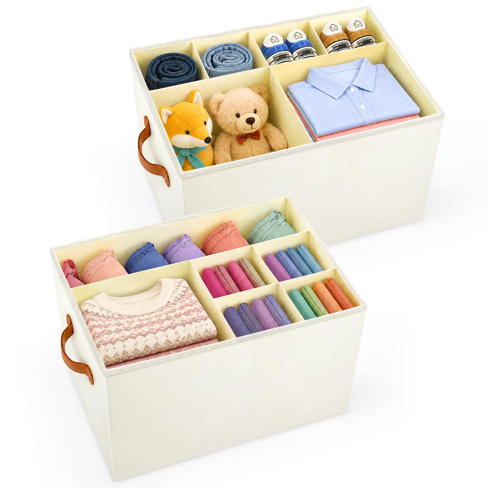 Adjustable Dividers Closet Organizers Bins, Versatile Storage Box - 2 Pack | Customizable Compartments, Stackable, Foldable Fabric Organizer for Clothing Bedding Toy Shoes, Wardrobe, Home Organization White 2 Pack