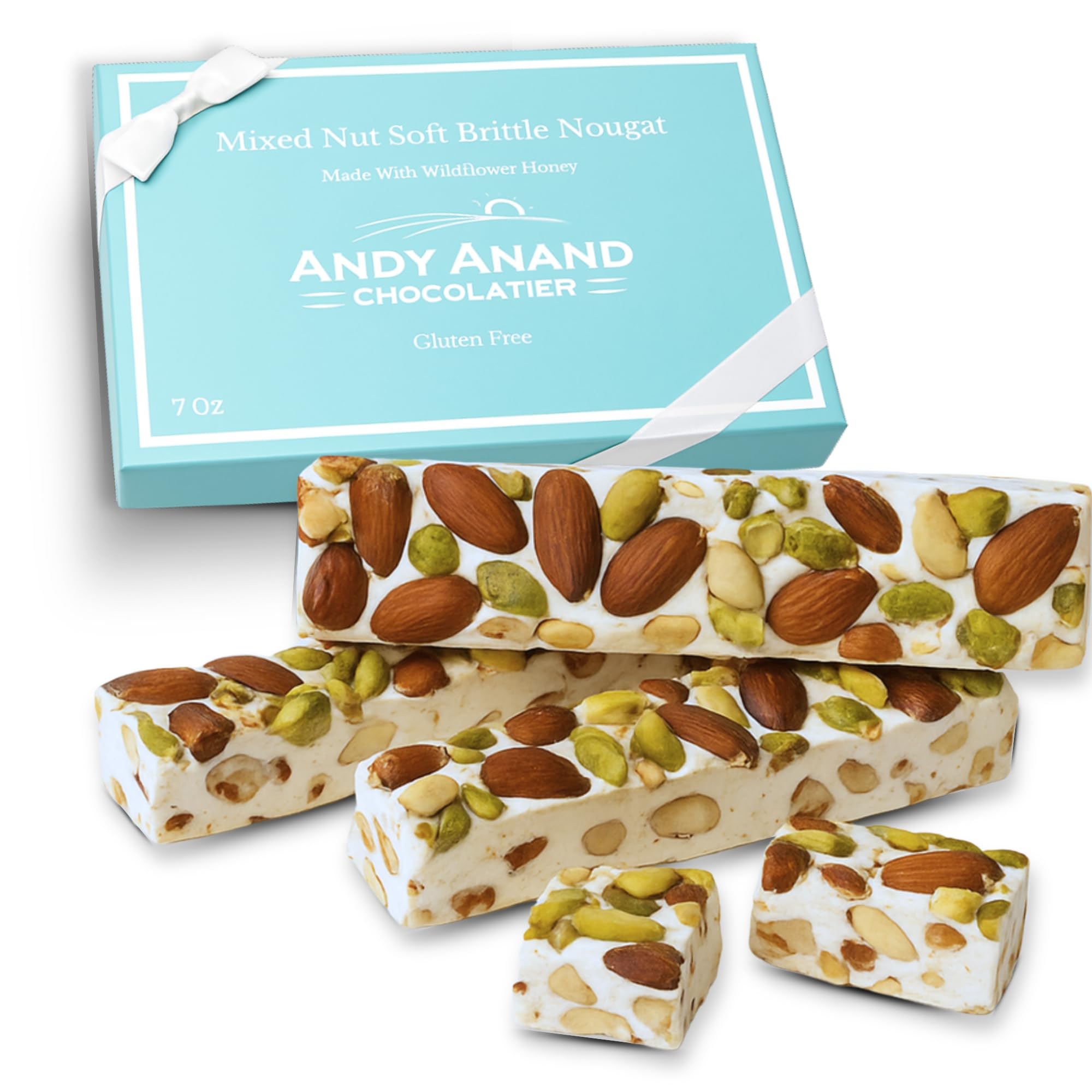 Andy Anand Chocolatier Gluten Free Roasted Pistachios Soft Nougat Brittle - Made in Europe Luxuriously Creamy Feel Almond Nougat Candy, Made With Wildflower Honey & Roasted Nuts (7 Oz)