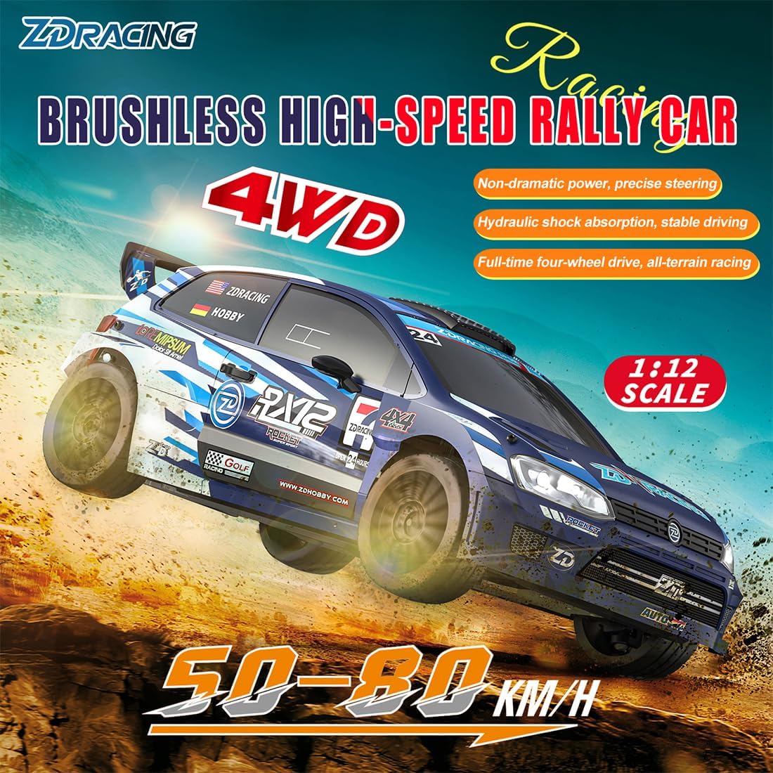 ZD Racing RX12 1/12 RC Drift Car for Adults, 2.4G Full-Proportional 4WD Brushless Mini Remote Control Rally Car with LED Lights, 60KM/H Sports Cars Vehicle Toy Gift -RTR