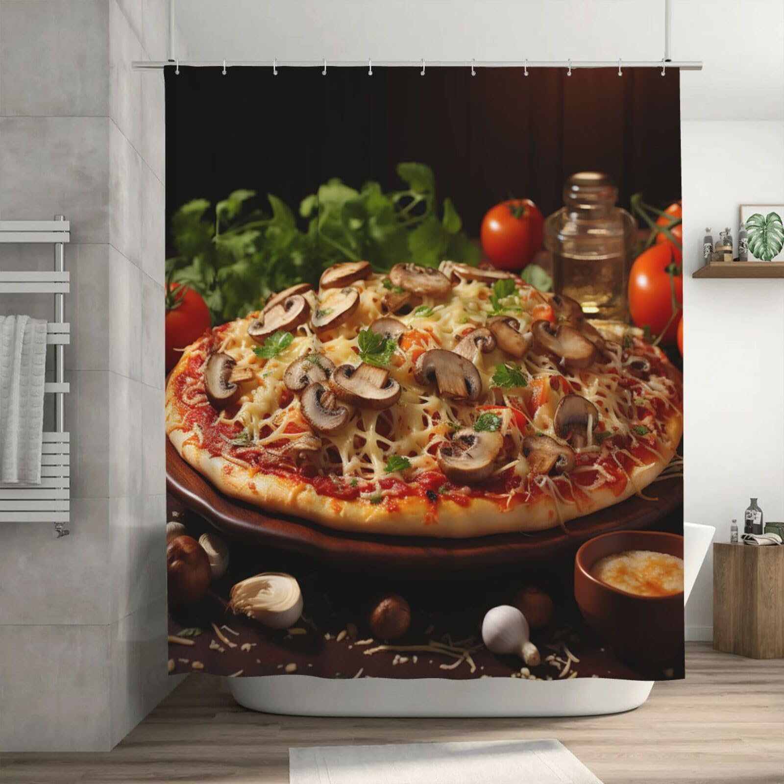 Rideau de douche imperméable pizza 182x182 cm avec 12 crochets pour salle de bain