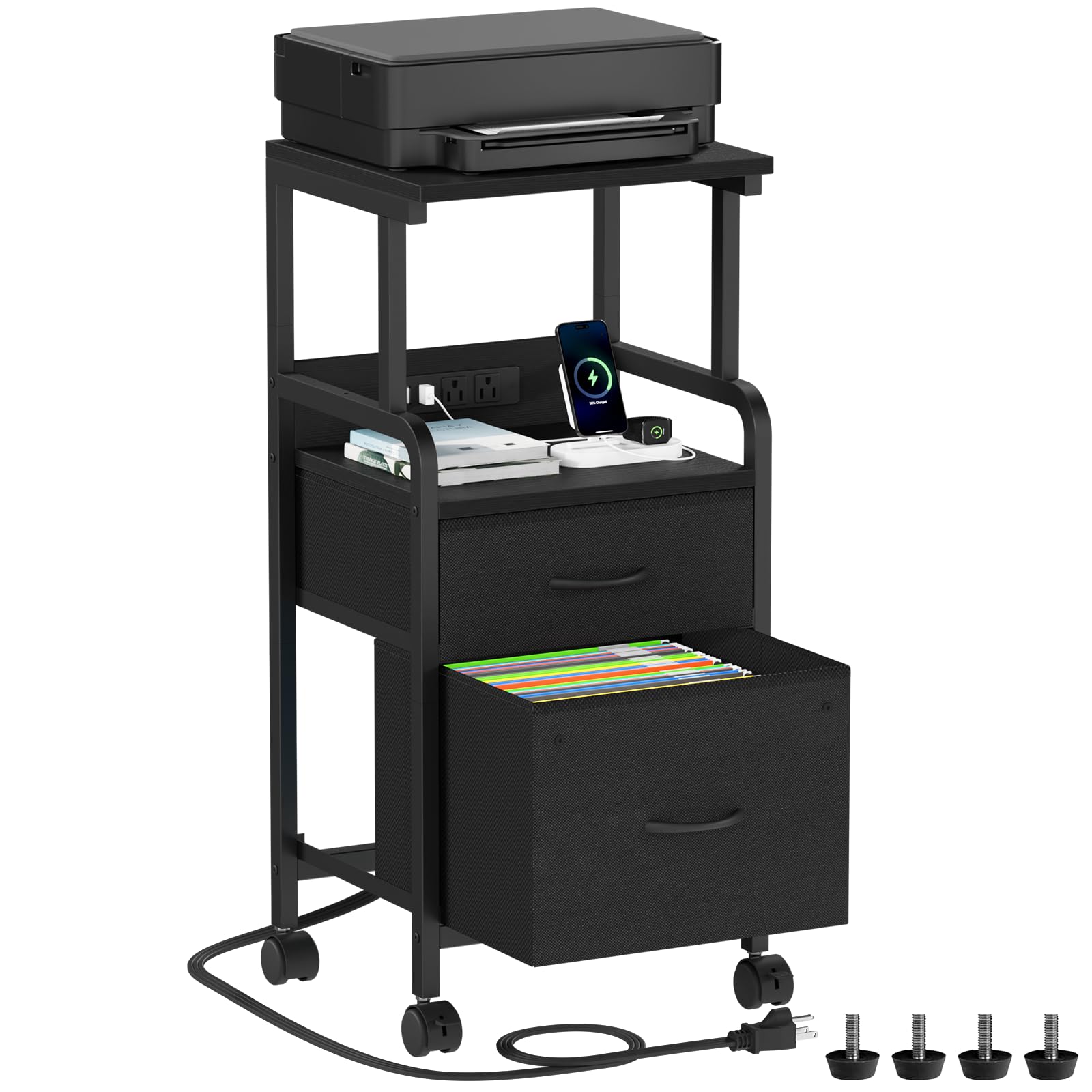 Korfile Printer Stand with Storage & Power Outlets, Rolling File Cabinet with 2 Drawer, Mobile Filing Cabinet, 4-Tiers Printer Cart with Shelves, Small Printer Table for Home Office, Black