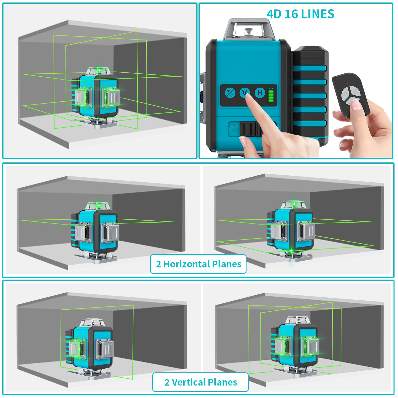 【Mode Impulsion】Niveau Laser 4 x 360°, 4D 16 Ligne Laser Chantier, Lazer Niveaux 16 Lignes Croisé 30M Mode Impulsion Extérieur, Verte Horizontal et Verticale avec Télécommande