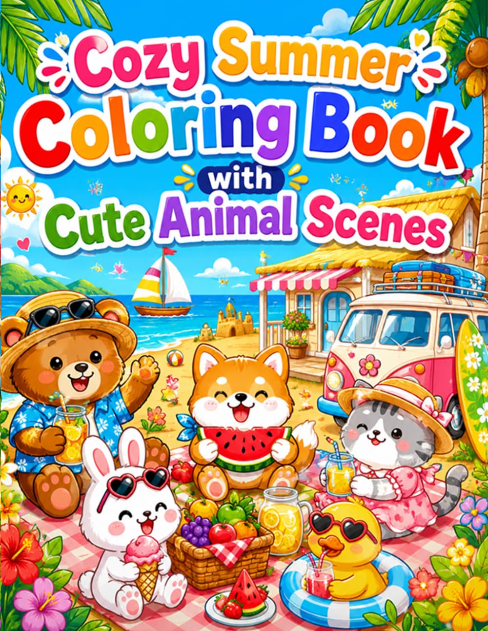 Cozy Summer Coloring Book with Cute Animal Scenes: Bold and Easy Relaxing Summer Coloring Pages with Adorable Animals, Beach Fun, Camping, Picnics, and Cozy Vacation Vibes for Kids, Teens, and Adults