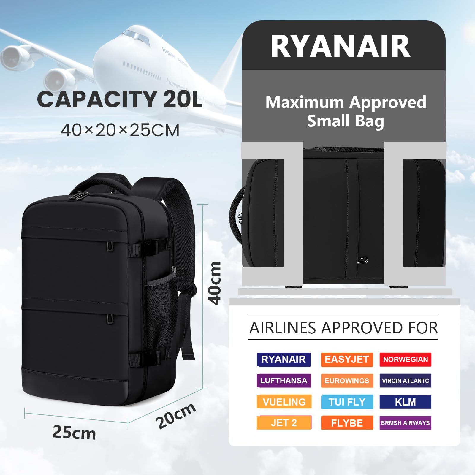 KIRFEIHT Zaino da Viaggio 40x20x25 per Ryanair - Bagaglio a Mano Aereo Piccolo Borsa da Viaggio per Cabina, Zaini Universali per Scuola Trekking Lavoro (Nero)
