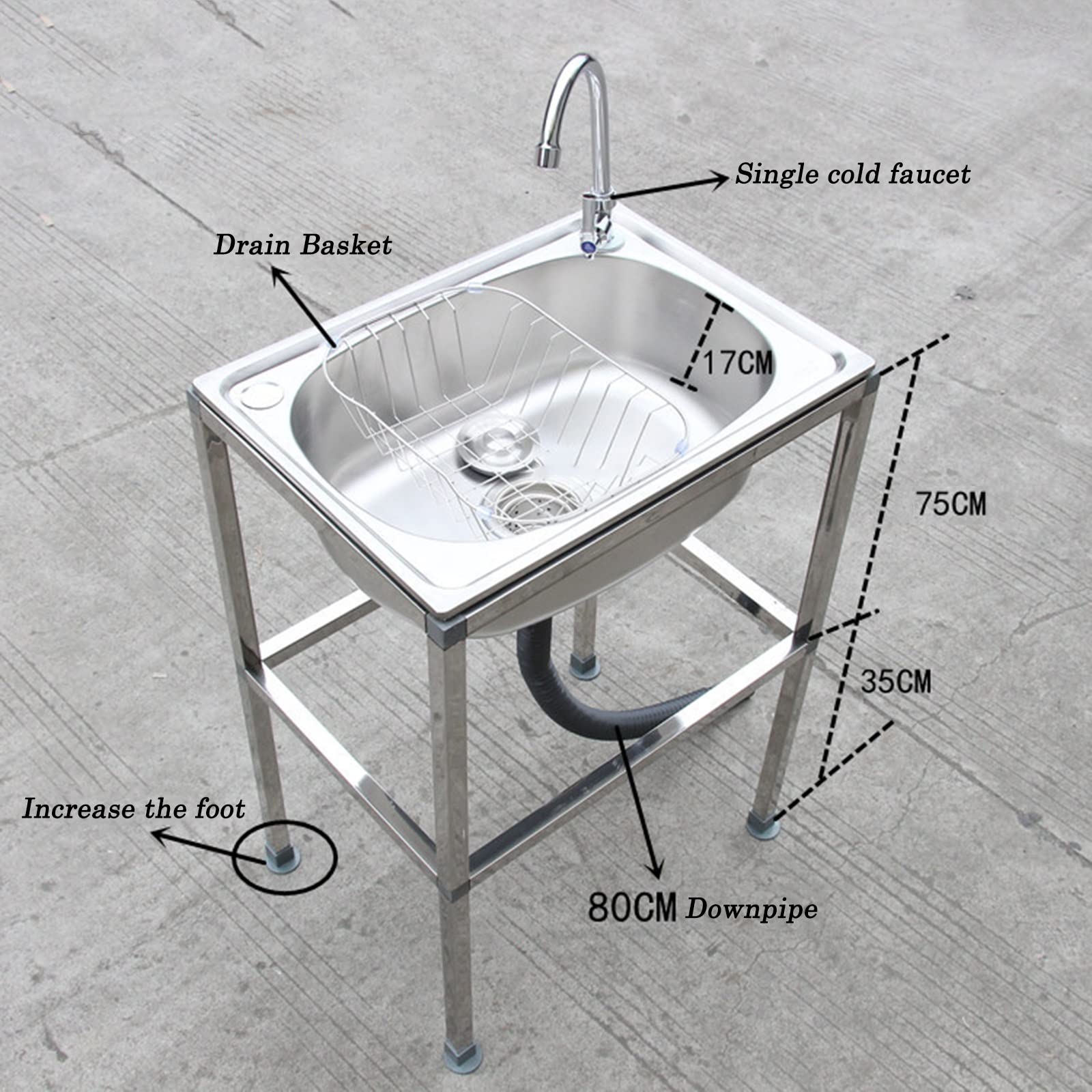 Fregadero de Acero Inoxidable Independiente de un Solo Seno para Cocina Comercial de Restaurante, Exterior, lavamanos de preparación y utilitario, Tina de lavandería, estación de l