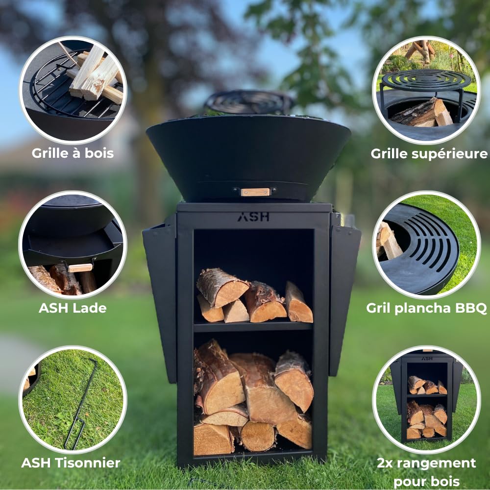 ASH Phoenix - Plancha Grill de Jardin Avec Cheminée - Noir - Acier - Barbecue Brasero Outdoor 60Ø x 115cm - Extra Large - Rangement Bois