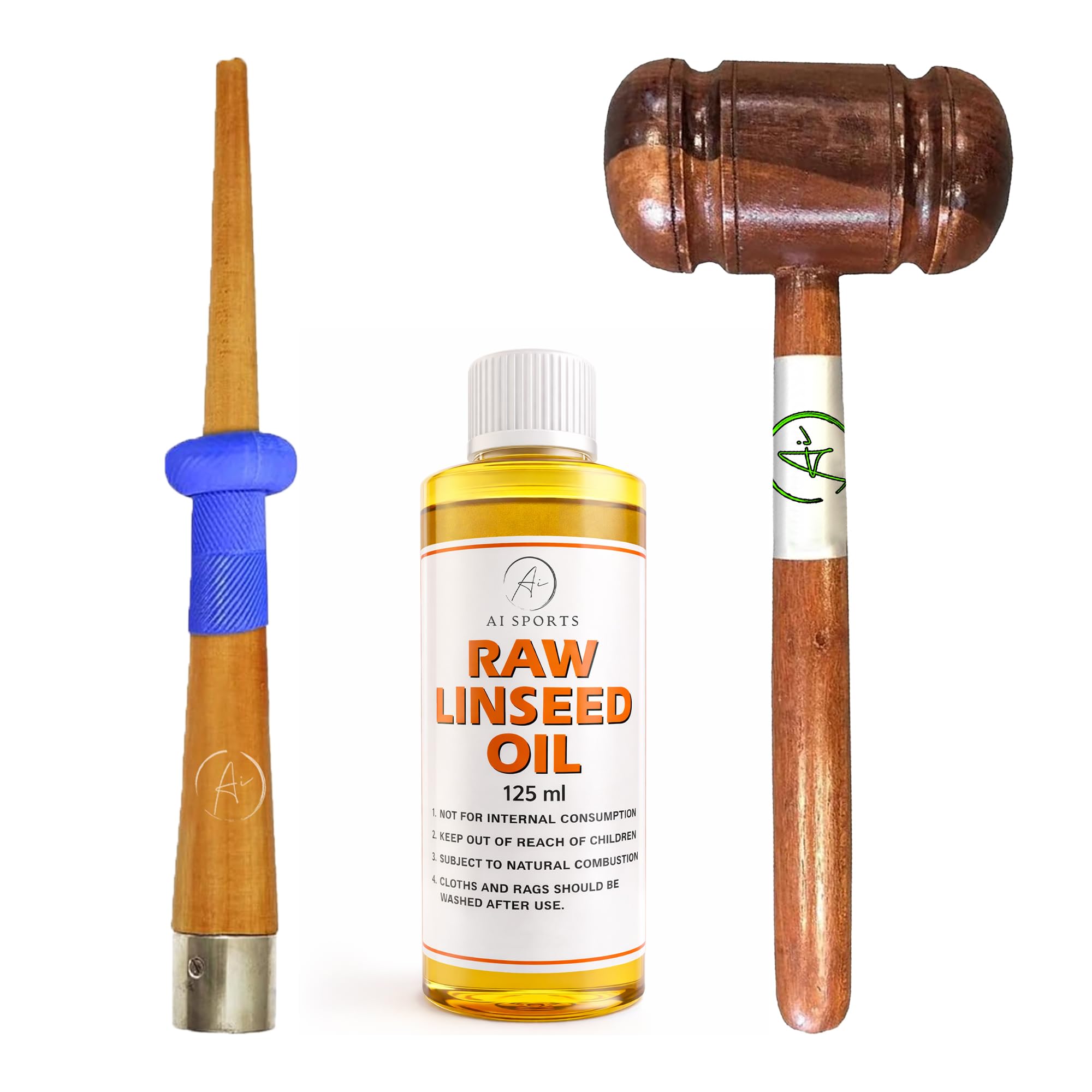 AI Sports Cricket Bat Knocking-In Mallet & Grip Cone Set – Hardwood Bat Mallet for Bat Preparation & Grip Fitting Tool | Essential Cricket Bat Care Equipment