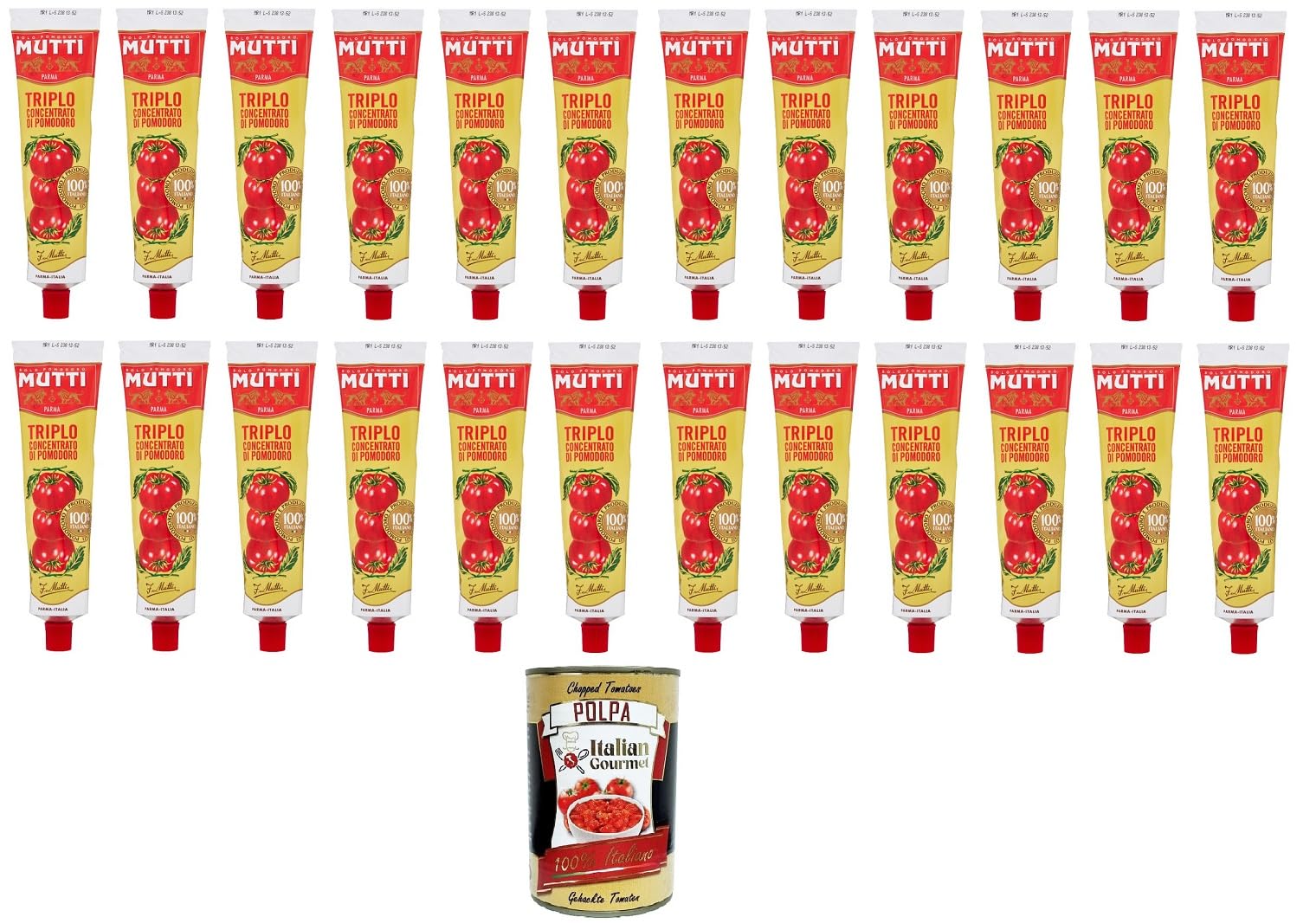 Italian Gourmet Triplo concentrato di pomodoro, Tomatenmark Dose 24 x 185g | Sapore intenso e consistenza densa; ideal als rote Basis für Sugo, Ragù, Gesamtnettogewicht 4,44 kg + Kostenlos Polpa 400g