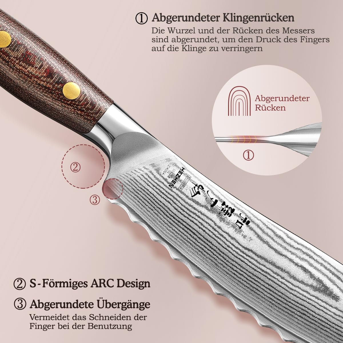 HEZHEN Profi Tomatenmesser Damast, Wellenschliff Hartstahl Auberginenmesser, Scharfe Klinge Brotzeitmesser, Frühstücksmesser Full Tang Micarta Griff