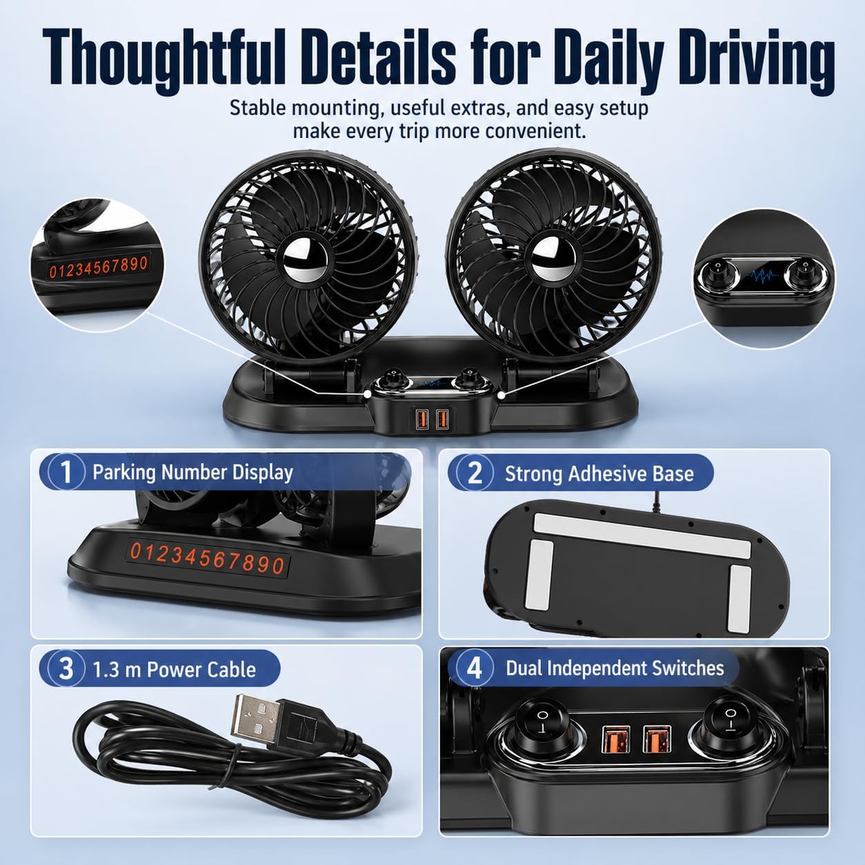 Dual Head Car Fan, 360° Rotatable & 180° Adjustable USB Car Cooling Fan with Dense Safety Grill, 2.4A USB Powered Portable Auto Air Circulation Fan for Car Dashboard, Truck, SUV, RV, Vehicle Backseat