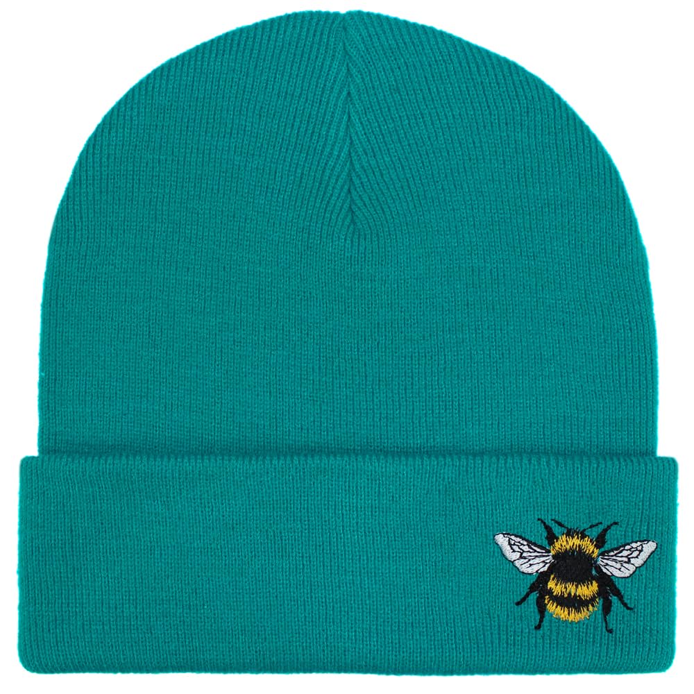 Teddyt's Women's Teal Bumble Bee Embroidered Knitted Rib Beanie Hat (Teal)