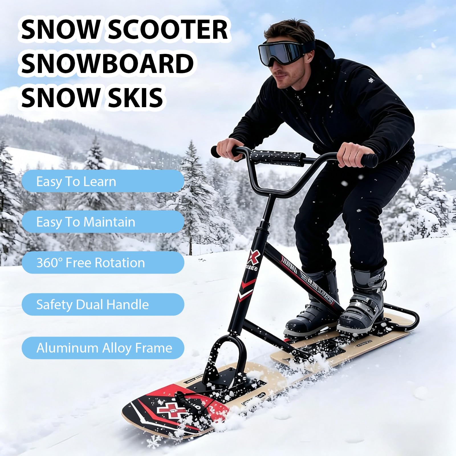 Schneemobil/Skier 2026, Schneescooter, Leichte Skier Mit 360° Drehbaren Hinterskiern, Verstärktem Aluminiumlegierungsrahmen Und Doppelboard-Design Woodcolor