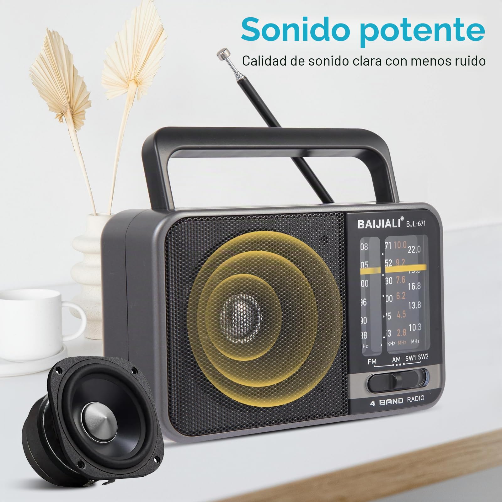 Radio transistor AM/FM portátil con altavoz, batería o USB | Radio de emergencia compacta para interiores, exteriores, viajes y tormentas (modelo BJL-671)