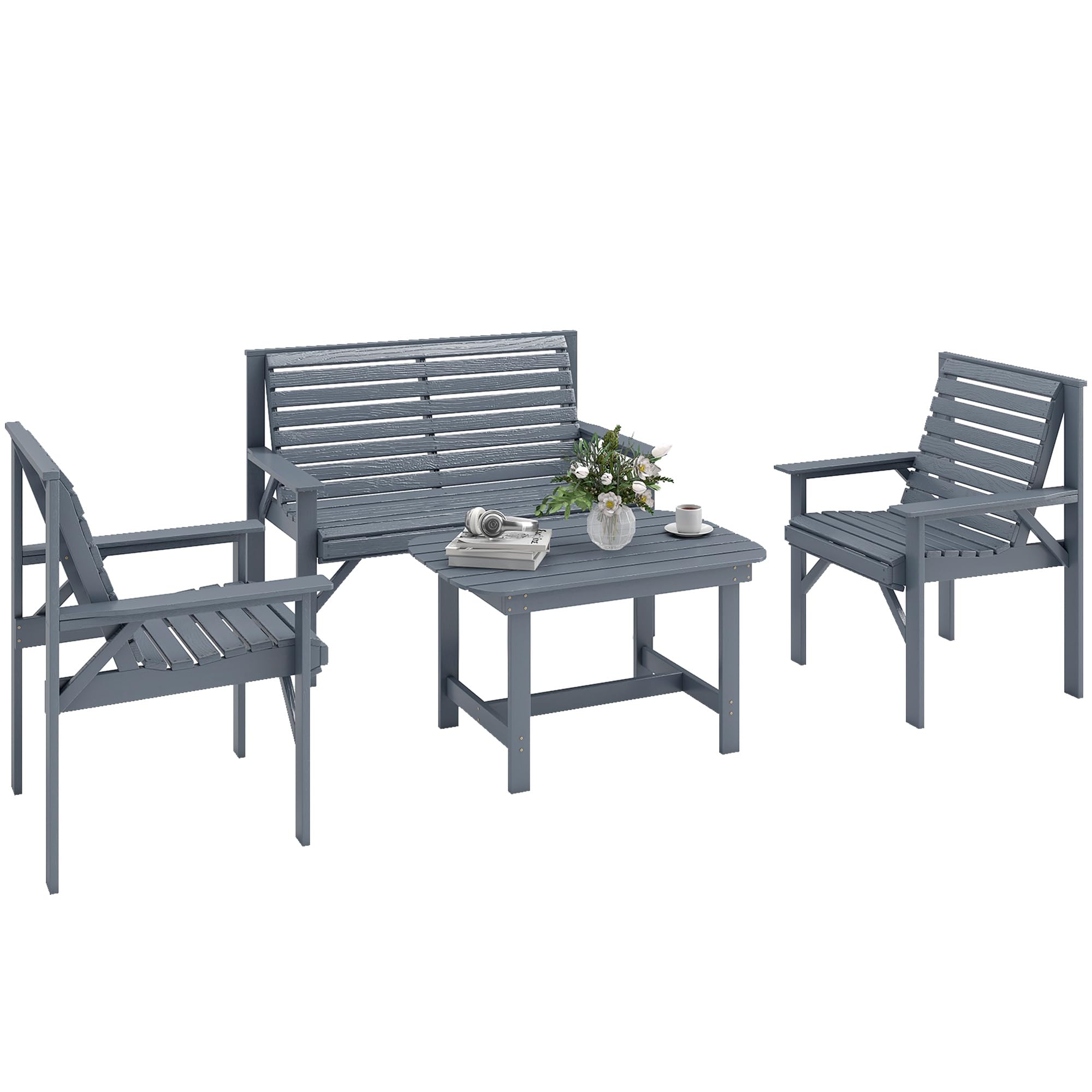 Outsunny 4 Seater Wooden Garden Furniture Set, 4 Piece Garden Sofa Set with 2 Armchairs, Loveseat, Coffee Table, Slatted Wood Outdoor Conversation Furniture for Patio Balcony, Grey Embossed Finish