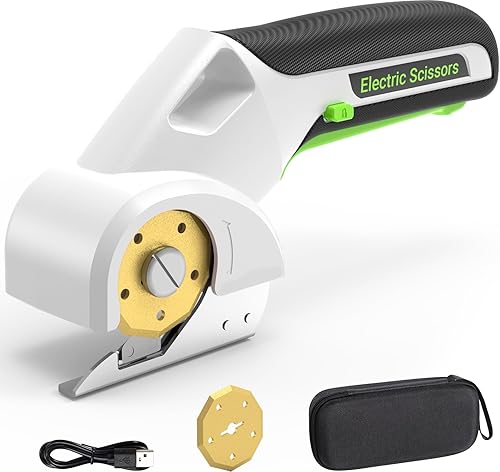 Tijeras eléctricas inalámbricas de 4 V, cortador de cartón con 2 accesorios de hoja de titanio, bloqueo de seguridad, cortador giratorio para