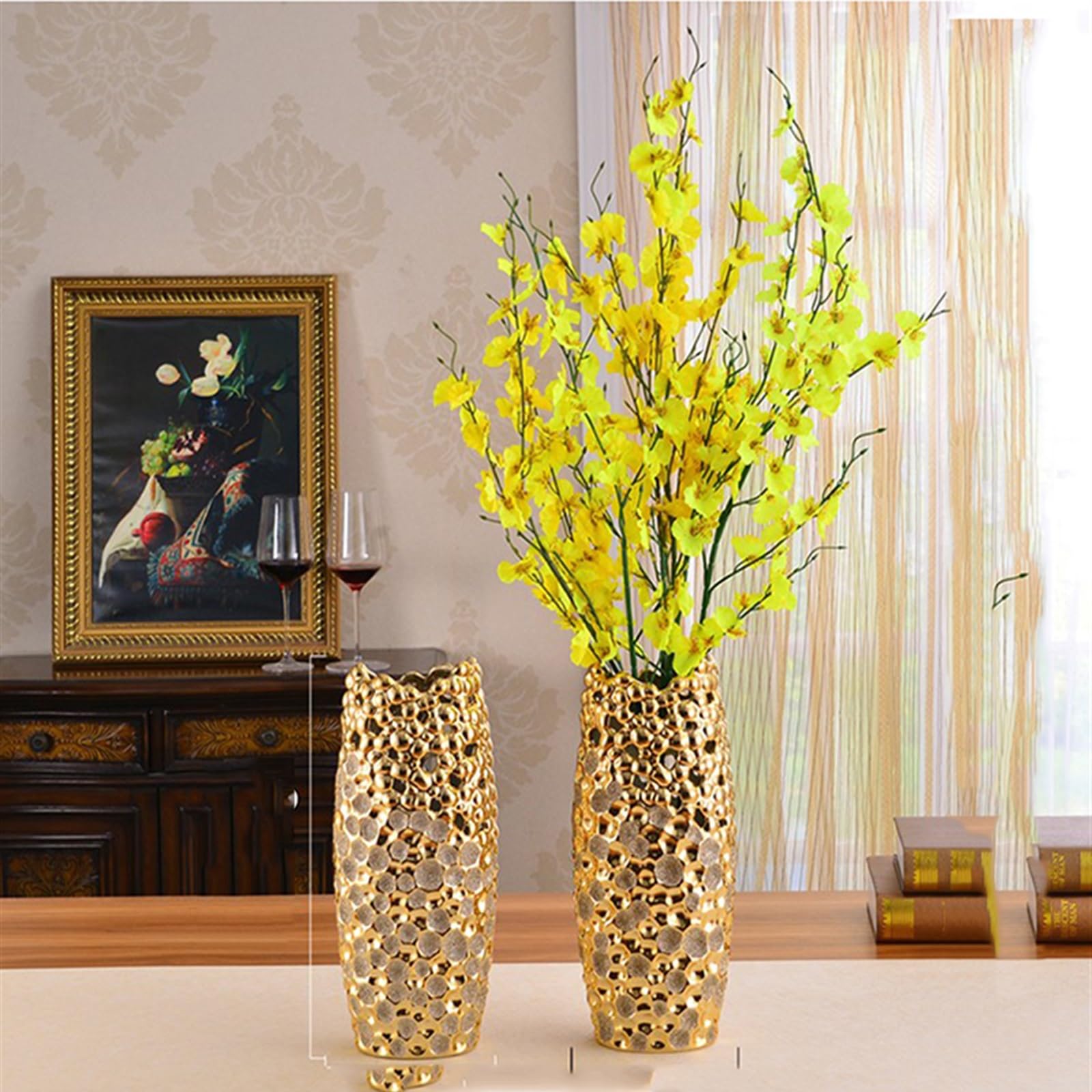 Florero Jarrón Dorado Brillante, decoración Creativa de jarrón, artesanía de cerámica, decoración del hogar, Sala de Estar, Mueble de TV, Arte Floral Moderno Jarrones para Flores