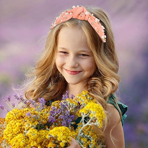 Miniatura 3 de Diademas de perlas y diamantes de imitación, turbantes anchos anudados para niñas y mujeres, accesorios para el cabello con cuentas rosadas