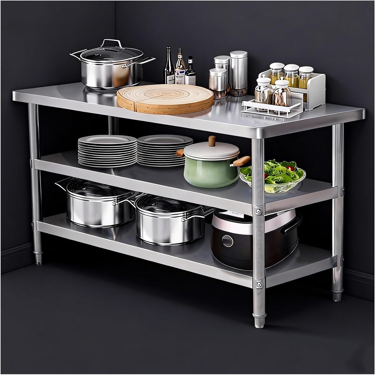 3-Tier Kitchen Workbench Beam-Reinforced Rounded Corner Design Stainless Steel Work Table Ample Storage Space H80cm (31.5") Thickened Countertop Triangular Reinforcement Brushed Finish