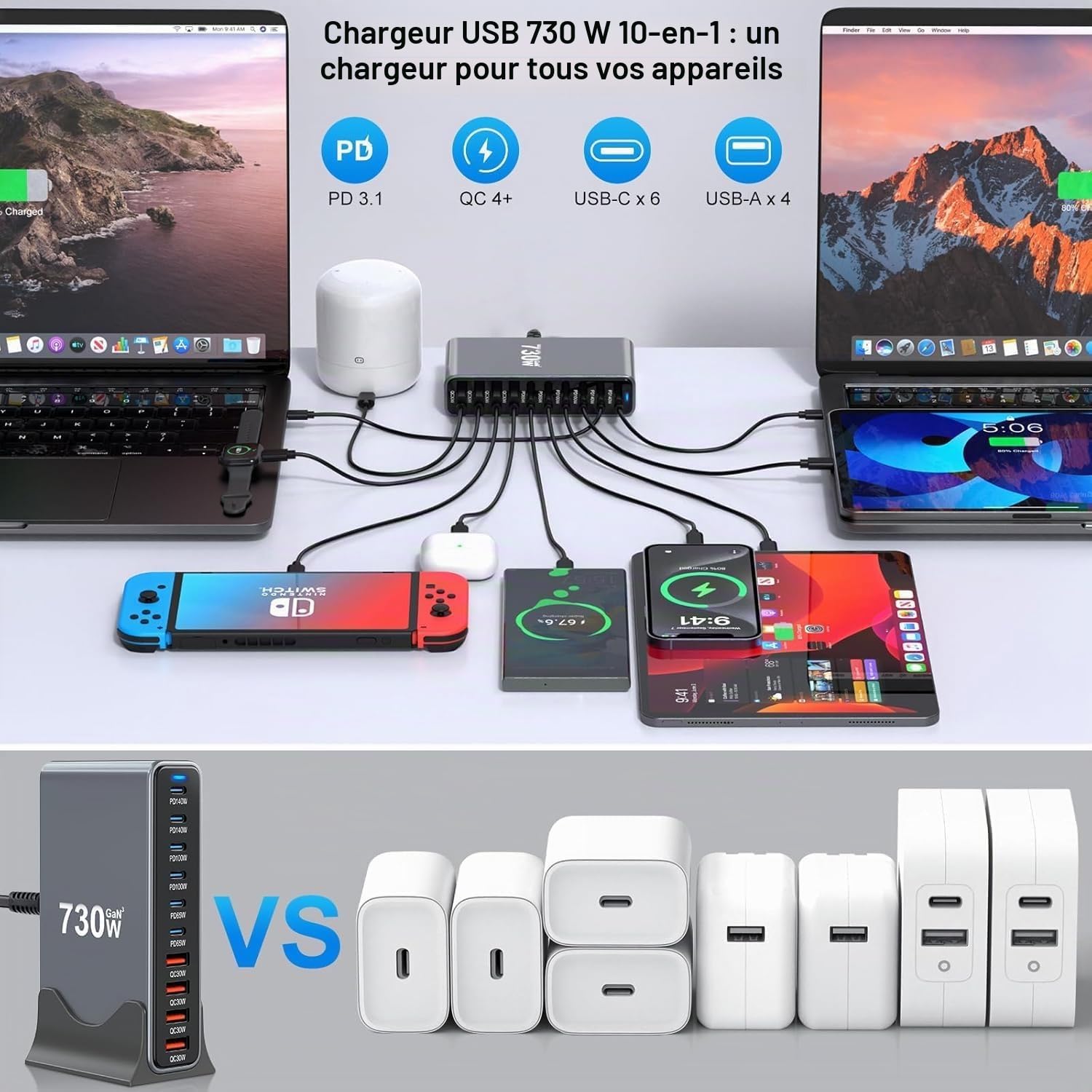 Station de Charge USB 730W 10 Ports, Chargeur USB C Rapide Multiple