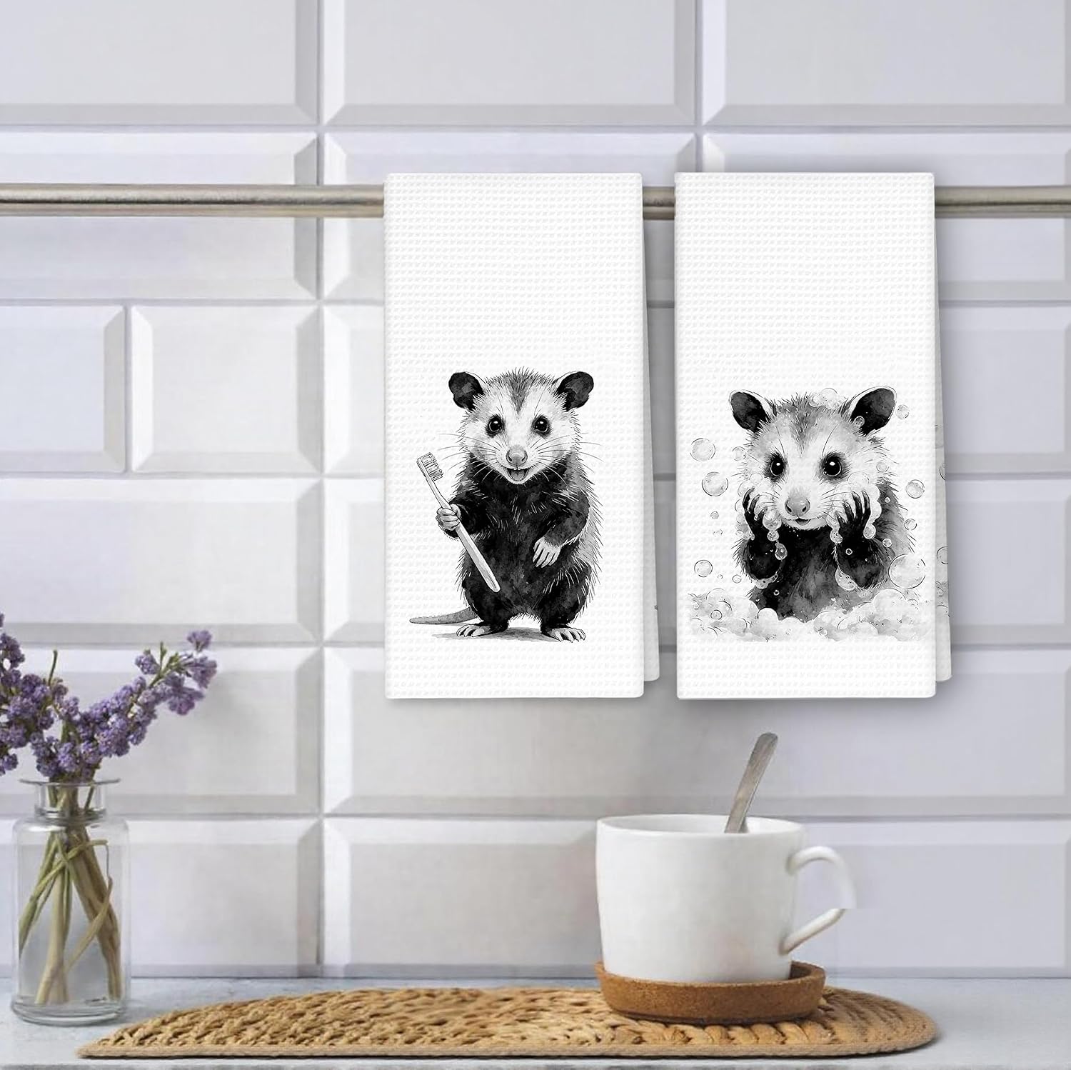 Funny Opossum Hand Towels, Opossum Gifts Towel for Bathroom, Animal Lovers Gifts, Farmhouse Black and White Possum Wild Animals Hand Towel for Bathroom, 16x24 Inch Set of 2