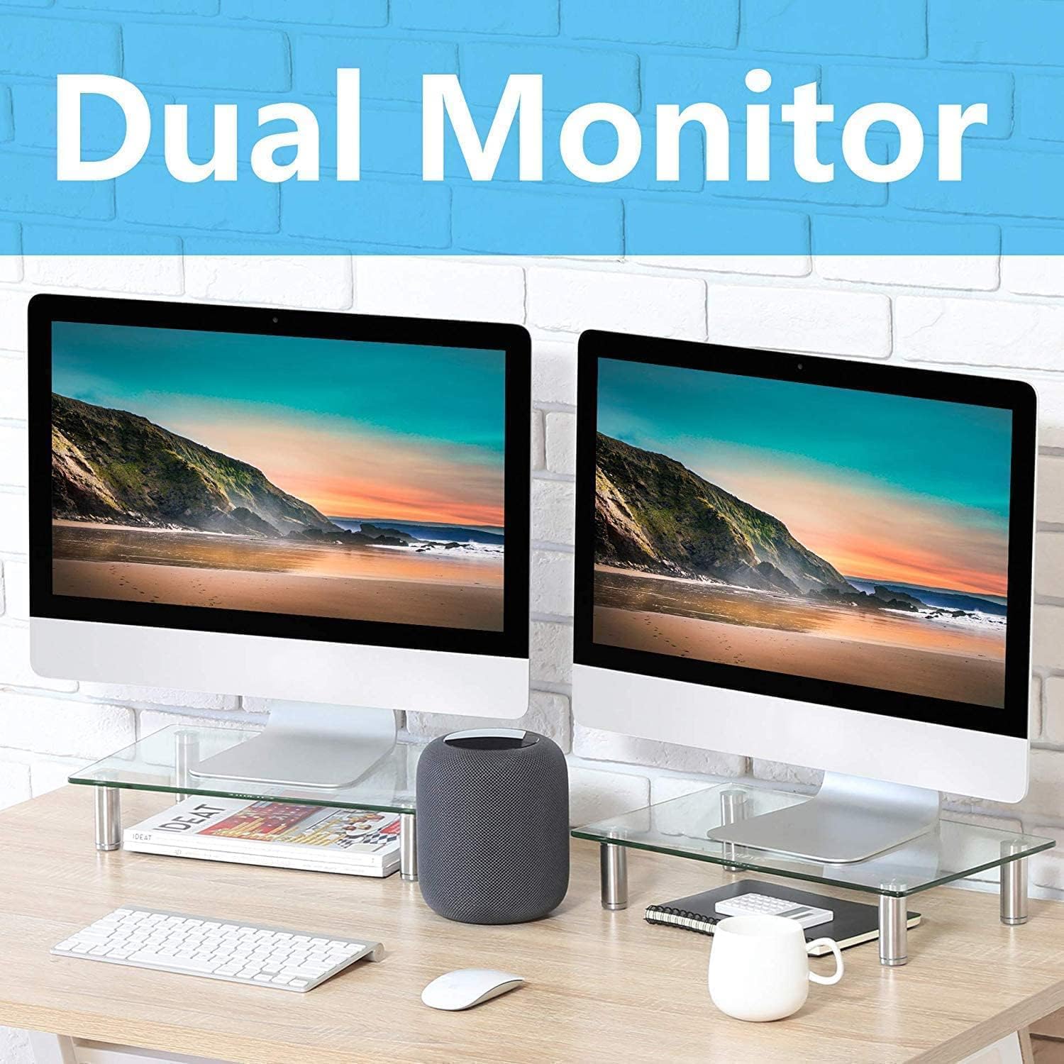 FITUEYES Supporto Monitor Supporto per Monitor in Vetro Temperato, Altezza Regolabile 2 Pezzi 38.5 x 24 x 7.5cm (Chiaro) DT103803GC
