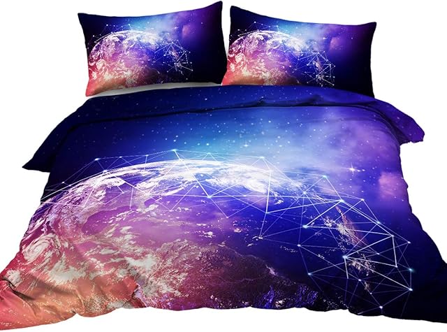 BlessLiving Outer Space Bedding Purple and Blue Sparkly Stars Duvet Cover 3 Piece Polygon Night Sky Bedding Set for Kids Teens Boys (Twin)