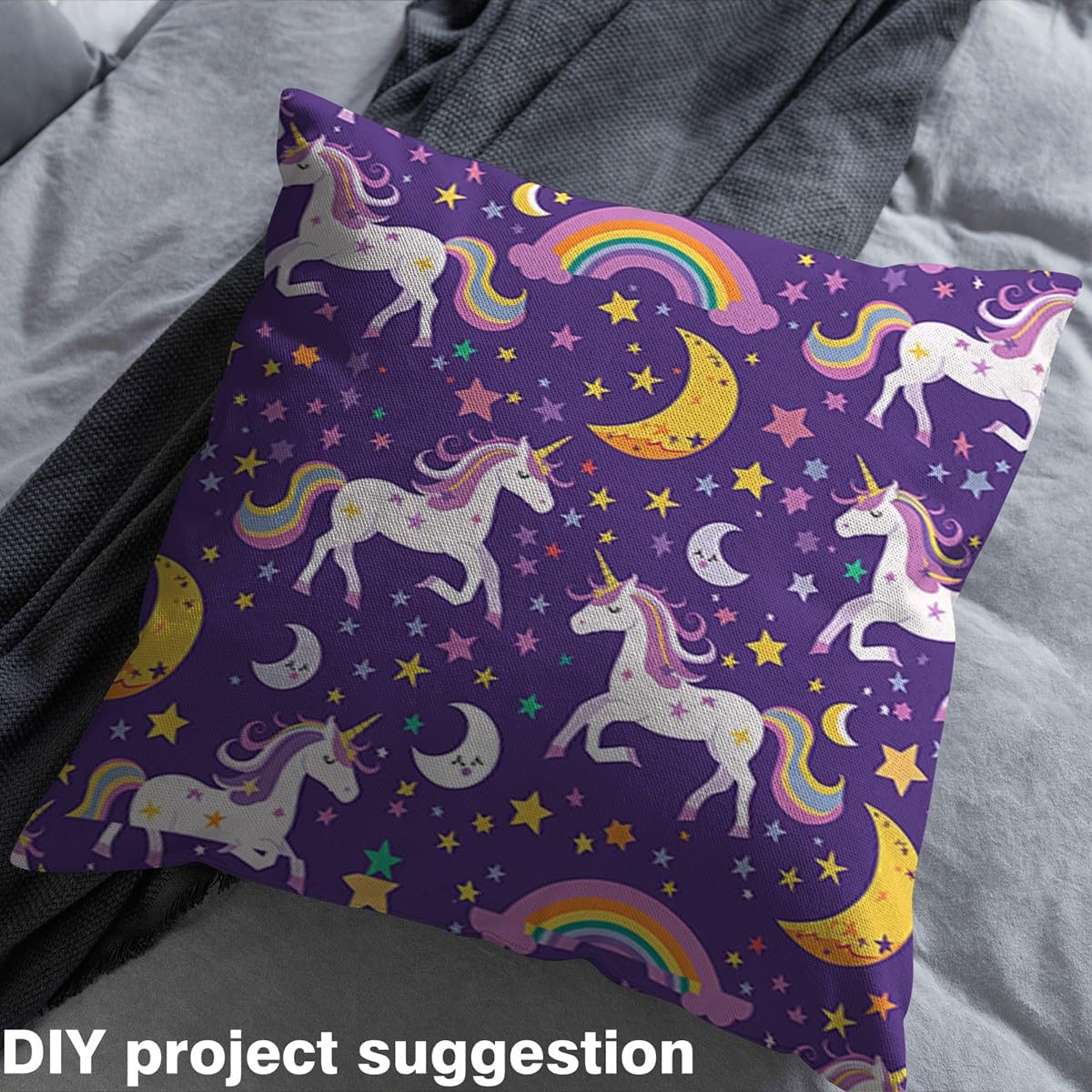 Feelyou Unicorn Fabric by The Yard 2 Yards Kids Rainbow Girls Cute Unicorn Decorative Waterproof Outdoor Fabric Moon Upholstery Fabric for Chairs Purple and Yellow Outdoor Fabric
