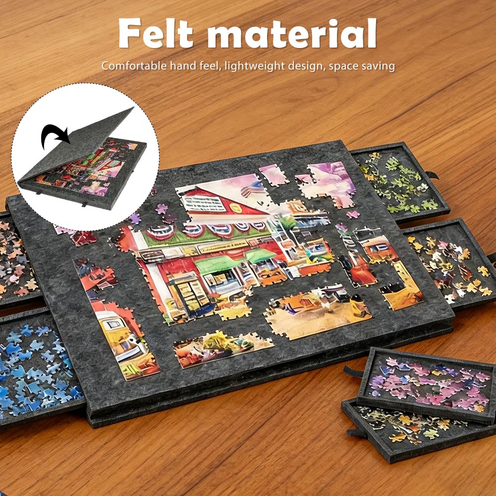 Kippbares Puzzlebrett mit 2-in-1-Ständer und Abdeckung | Leichtes Filz-Puzzlebrett mit 6 Schubladen für Erwachsene, Tragbarer Filz-Puzzletisch für bis zu 1000 Teile, Puzzle Zubehör