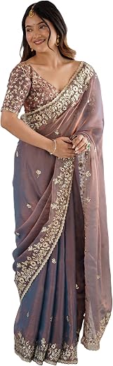 AKHILAM Women's Shimmer Chiffon Embellished Saree With Unstitched Blouse Piece (AARYAN18602_KR_Parent)