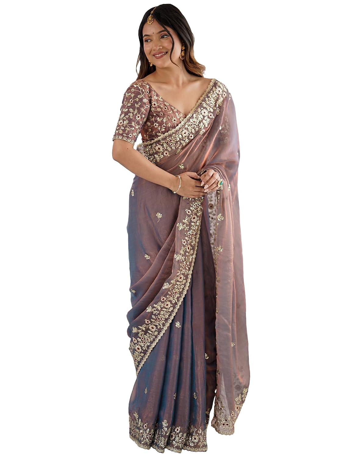 AKHILAM Women's Shimmer Chiffon Embellished Saree With Unstitched Blouse Piece (AARYAN18602_KR_Parent) - Review, Price and Buying Guide