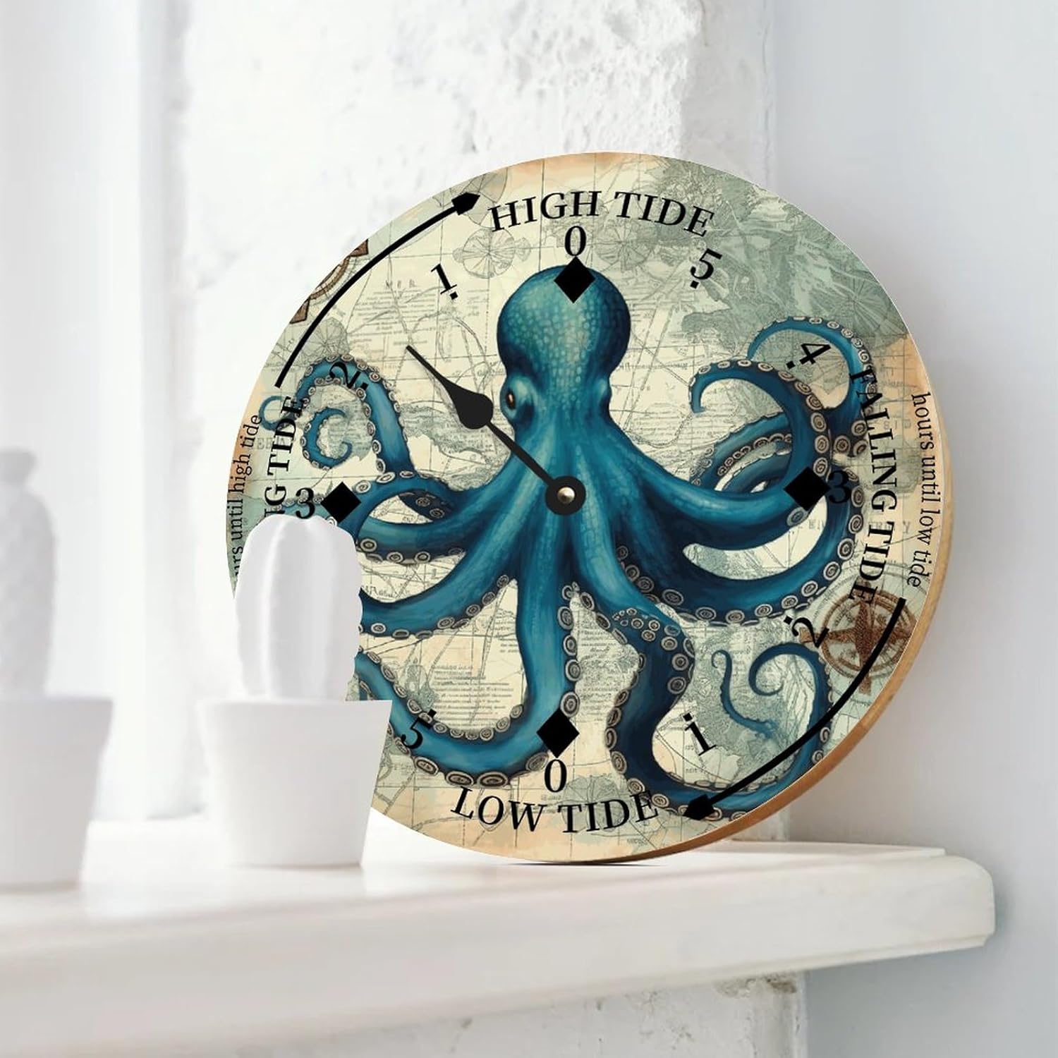 Rustic Wood Tide Clock Ocean Octopus Ocean Time Rustic Wooden Clock Wood Moon Tidal Clock for Wall High and Low Tide Movement Clock for Seaside House Cottage Hotel Camping 12x12 in