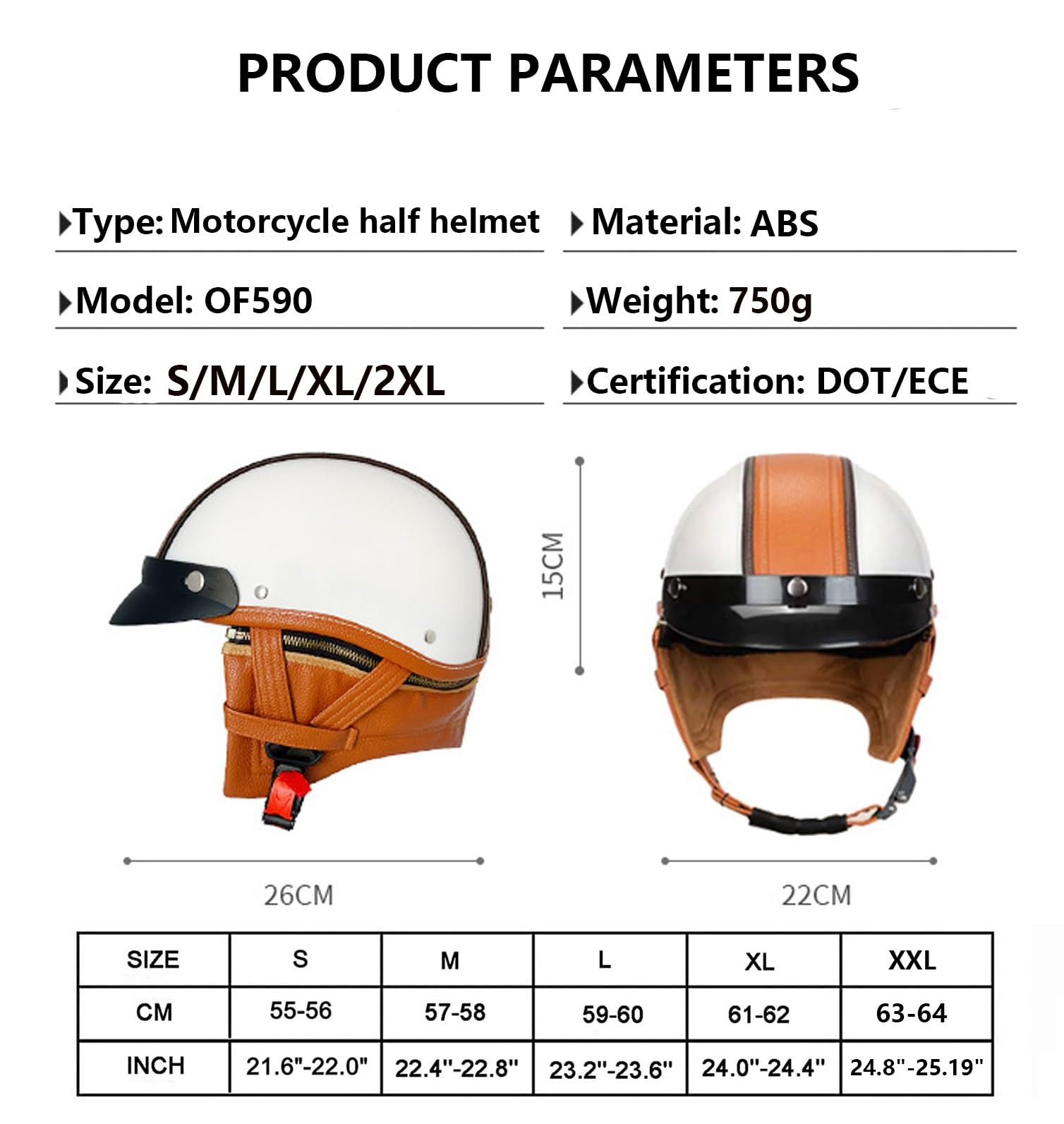 Półkask motocyklowy w stylu niemieckim, z otwartą twarzą, skórzany kask motocyklowy z homologacją ECE dla dorosłych - lekki ABS z oddychającą, wyjmowaną wkładką