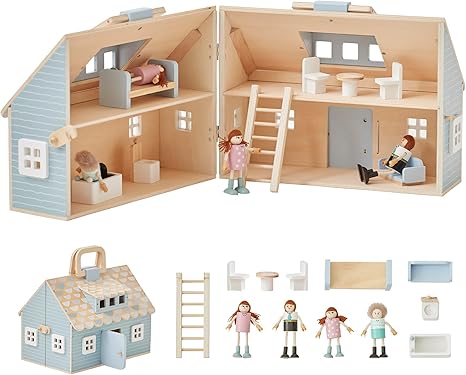 Olivia's Little World Wooden Cottage Dollhouse with 12 Accessories & 4 Figurines – Portable 2-Story Playhouse for 3.5" Dolls – Foldable Miniature Toy House for Girls Ages 3+