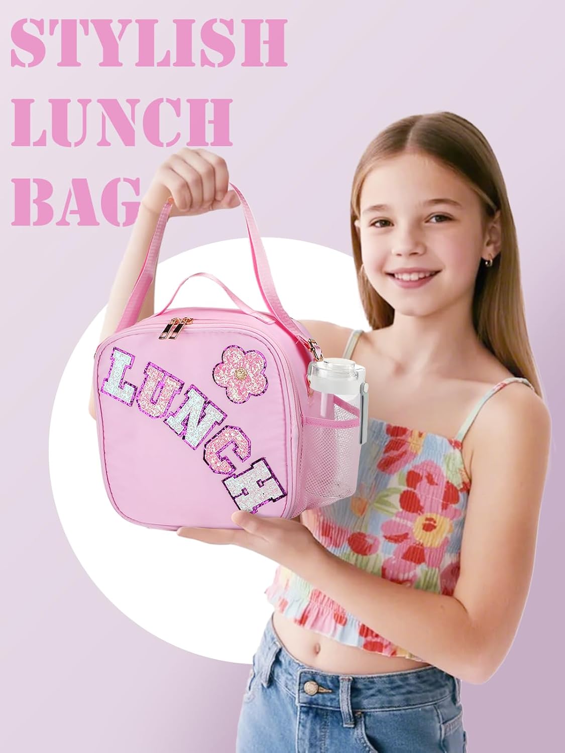 Alphatool Insulated Kids Lunch Bag with Adjustable Strap - Reusable Easy to Clean Lunch Bag for Girls, Hold Kids Lunch Box Snacks Water Bottles for School, Pink