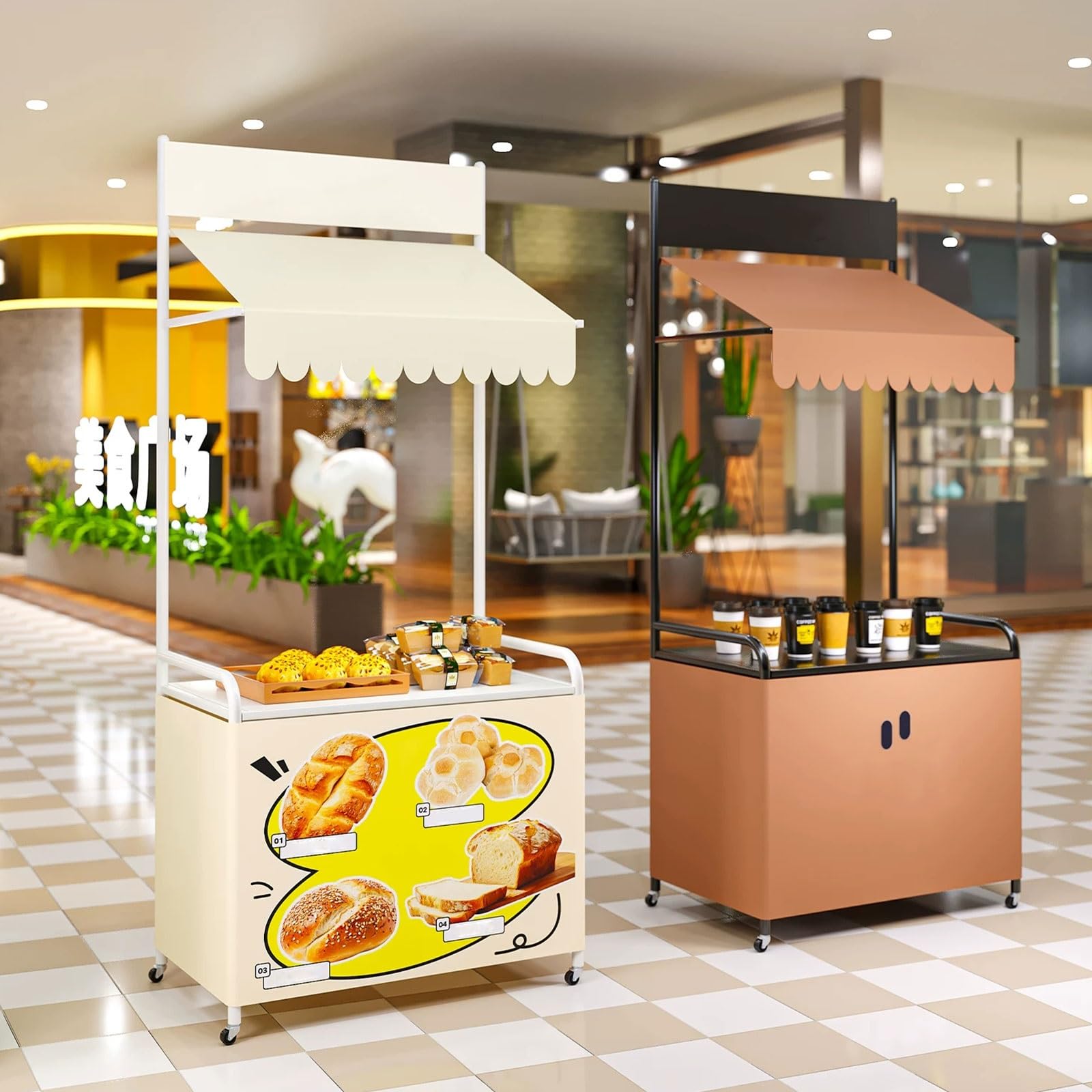 Carrello mobile dell'esposizione del mercato con il baldacchino e le ruote, scaffale portatile del fornitore per eventi, banco del mercato degli agricoltori per fiori e dessert