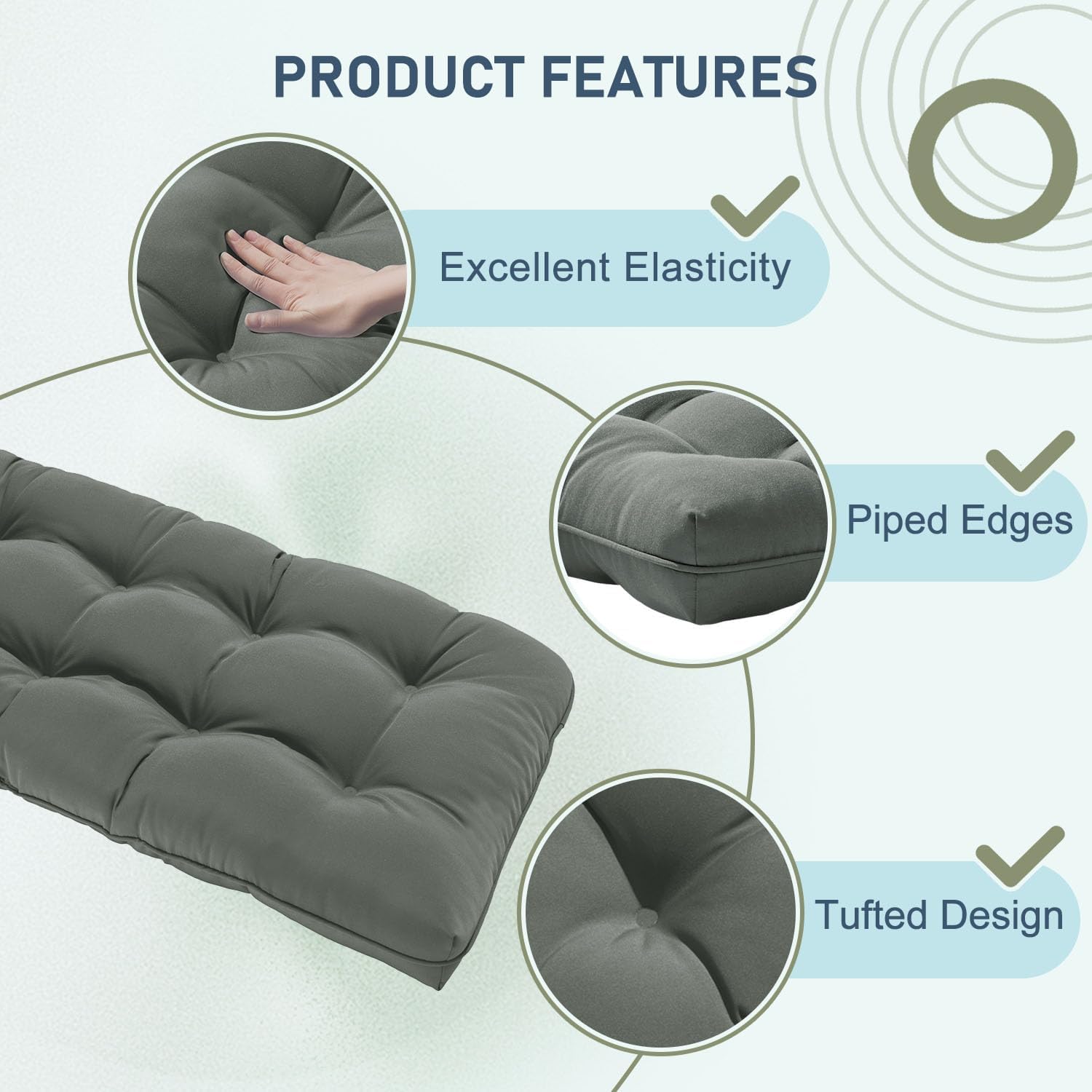 downluxe Outdoor Bench Cushion for Patio Furniture, Water Resistant Tufted Overstuffed Porch Swing Cushions, Thick Outdoor Loveseat Cushions, 48" X 18" X 5", Dark Grey, Set of 1