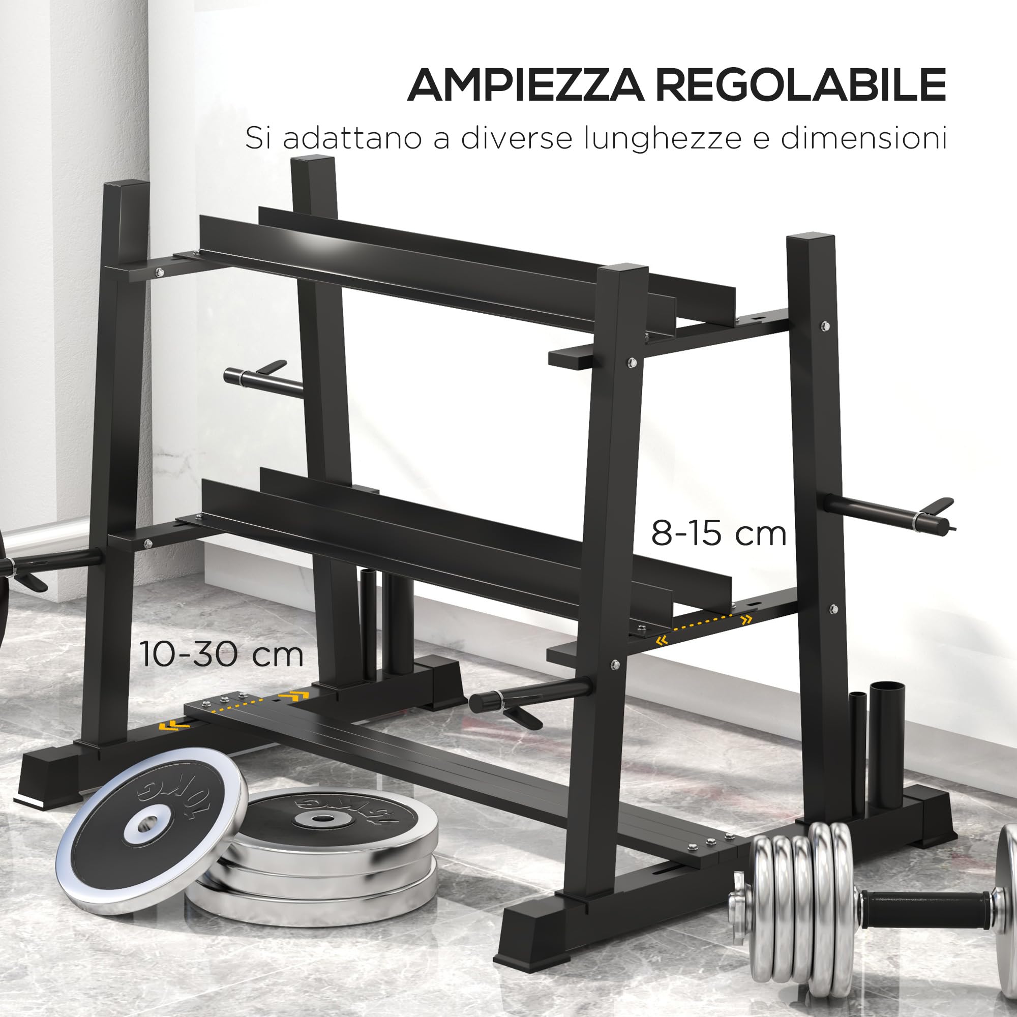 SPORTNOW Rastrelliera per Manubri in Acciaio con 4 Aste a Distanza Regolabile per Pesi, Kettlebell e Bilancieri, 131x75x80 cm, Nero