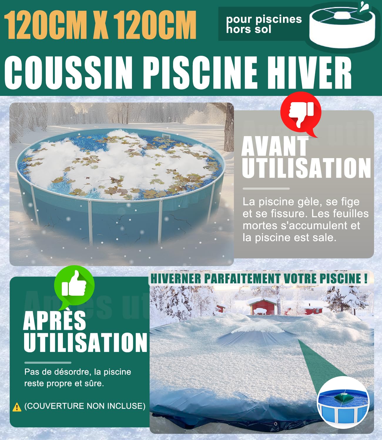 Coussin Piscine hivernage XXL 6 pièces - 120 x 120 cm - Ballon hivernage Piscine avec Double Couture pour recouvrir la Piscine - pour l'hiver - avec Valve Boston Dual-Inflation (Verte)