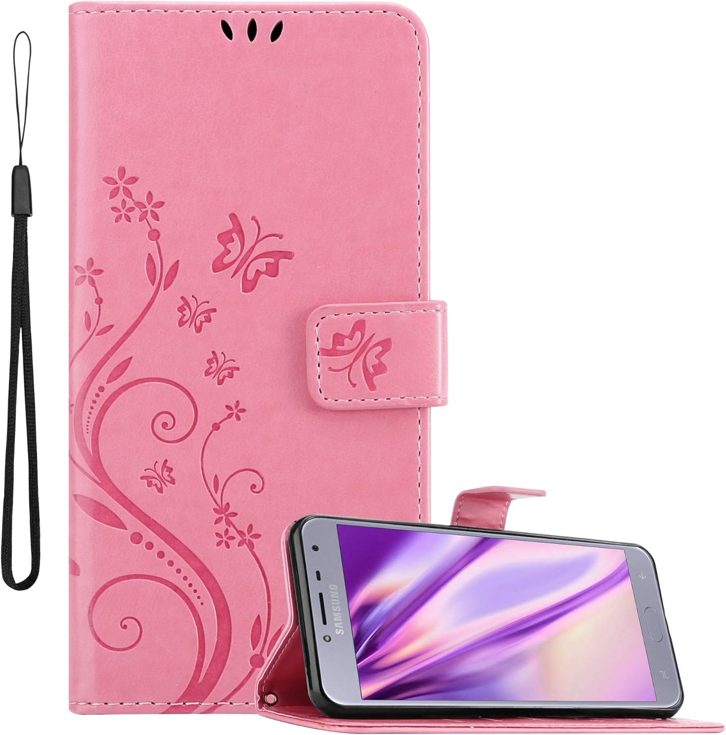 Cadorabo Funda Libro para Samsung Galaxy J4 2018 en Rosa Floral – Cubierta Proteccíon en Diseño de Flor con Cierre Magnético, Función de Suporte e 3 Tarjeteros - Etui Case Cover Carcasa
