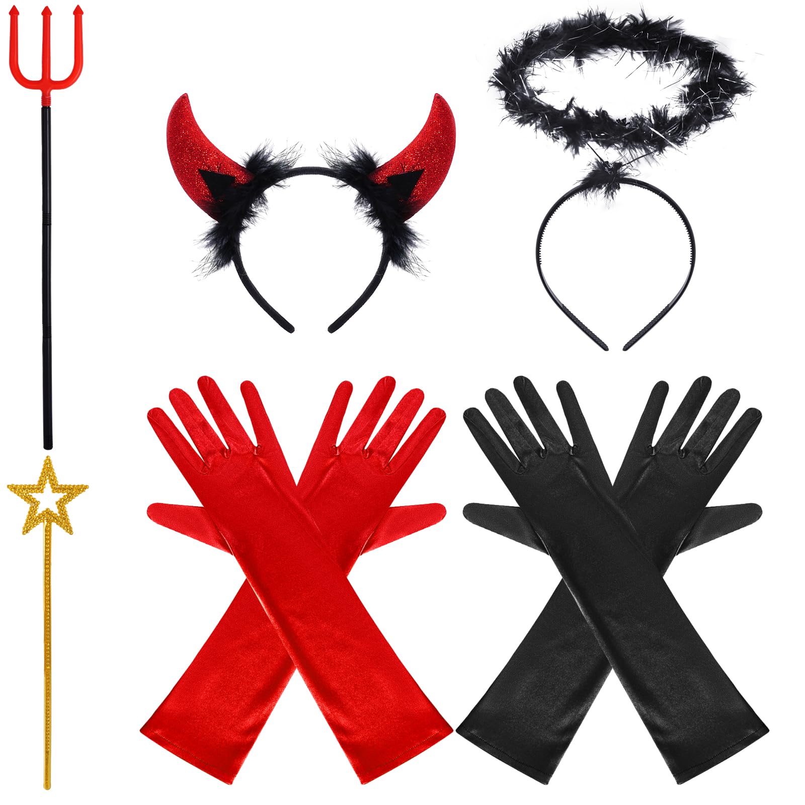 baotongle Devil Costume Women's Devil Ears Halo Black Devil Headband Gloves Magic Wand for Carnival Halloween Fancy Dress, black/red, One Size