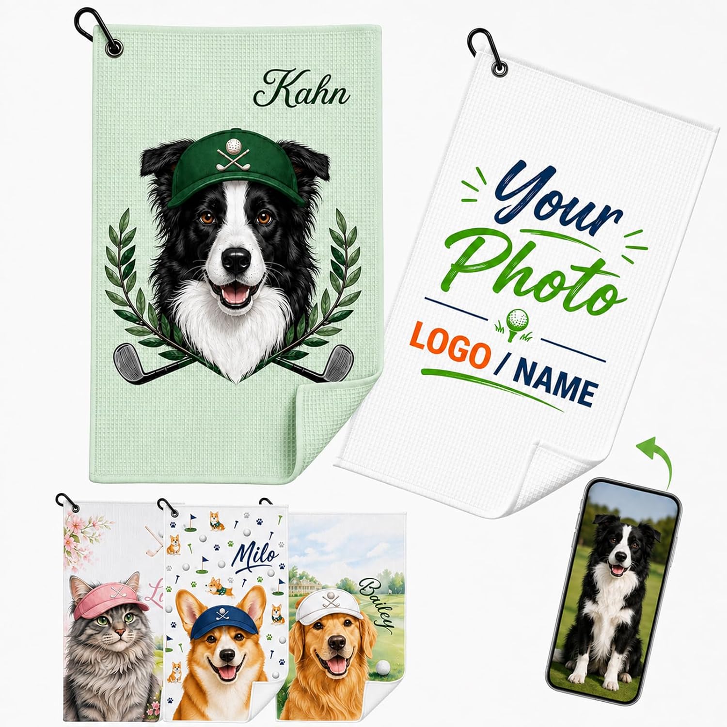Personalized custom photo golf towel with name and logo options