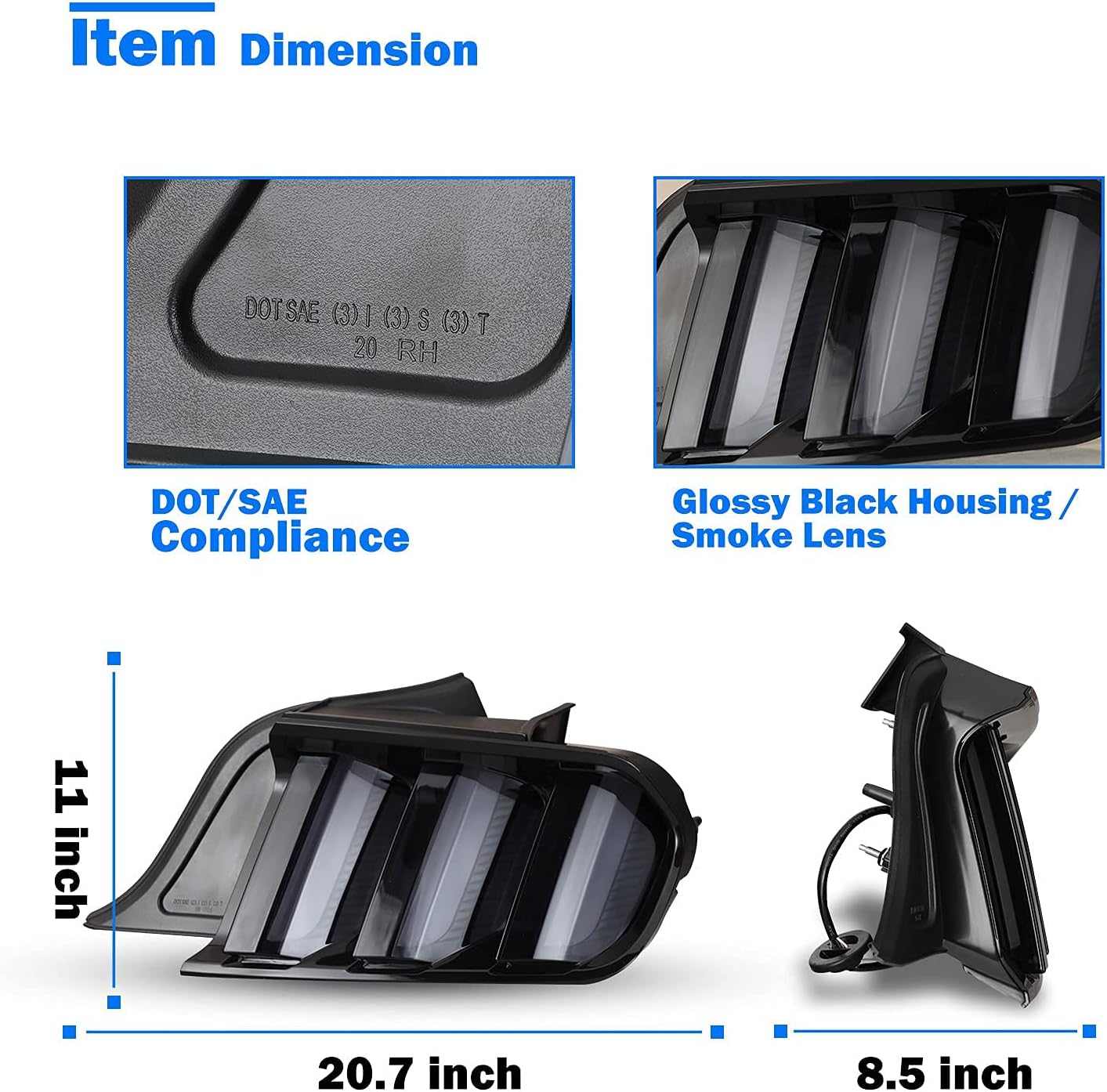 LED Tail Light for 2015-2023 Ford Mustang with Dynamic Running Turn Light Design,WOLFSORM Ford Mustang LED Tail Light Replacement Assembly,1 Pair(Smoke Lens)
