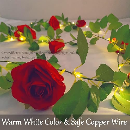 Miniatura 9 de Guirnalda de flores artificiales con 20 luces LED, 6.56 pies colgantes de rosas y vides, guirnalda de luces decorativas para jardín, boda,