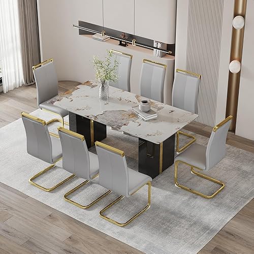 Miniatura 19 de Juego de mesa de comedor moderno de 71 pulgadas para 6, juegos de comedor para 6, mesa de mármol sintético de cocina y sillas de piel sintética,