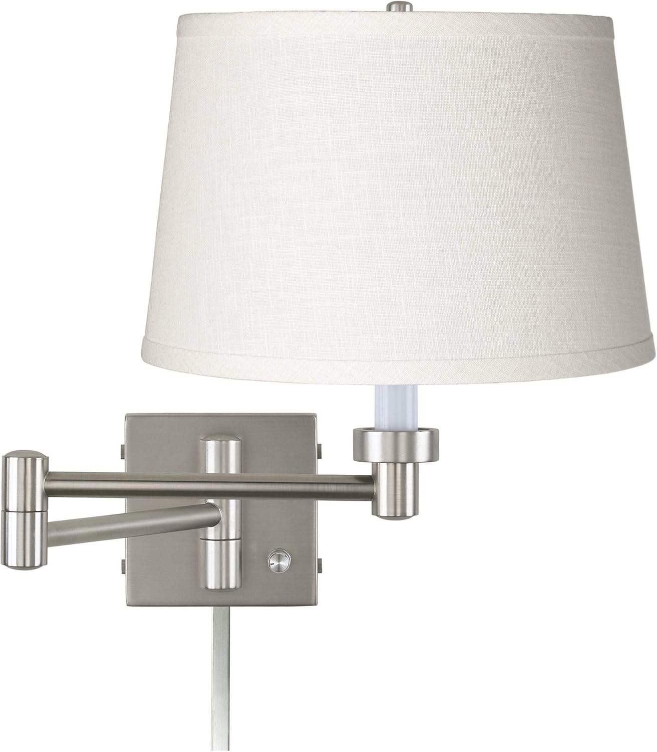 Possini Euro Design Modern Swing Arm Wall Lamp with Cord Cover Brushed Nickel Plug-in Light Fixture White Linen Tapered Drum Shade for Bedroom Bedside House Reading Living Room Home Hallway Dining