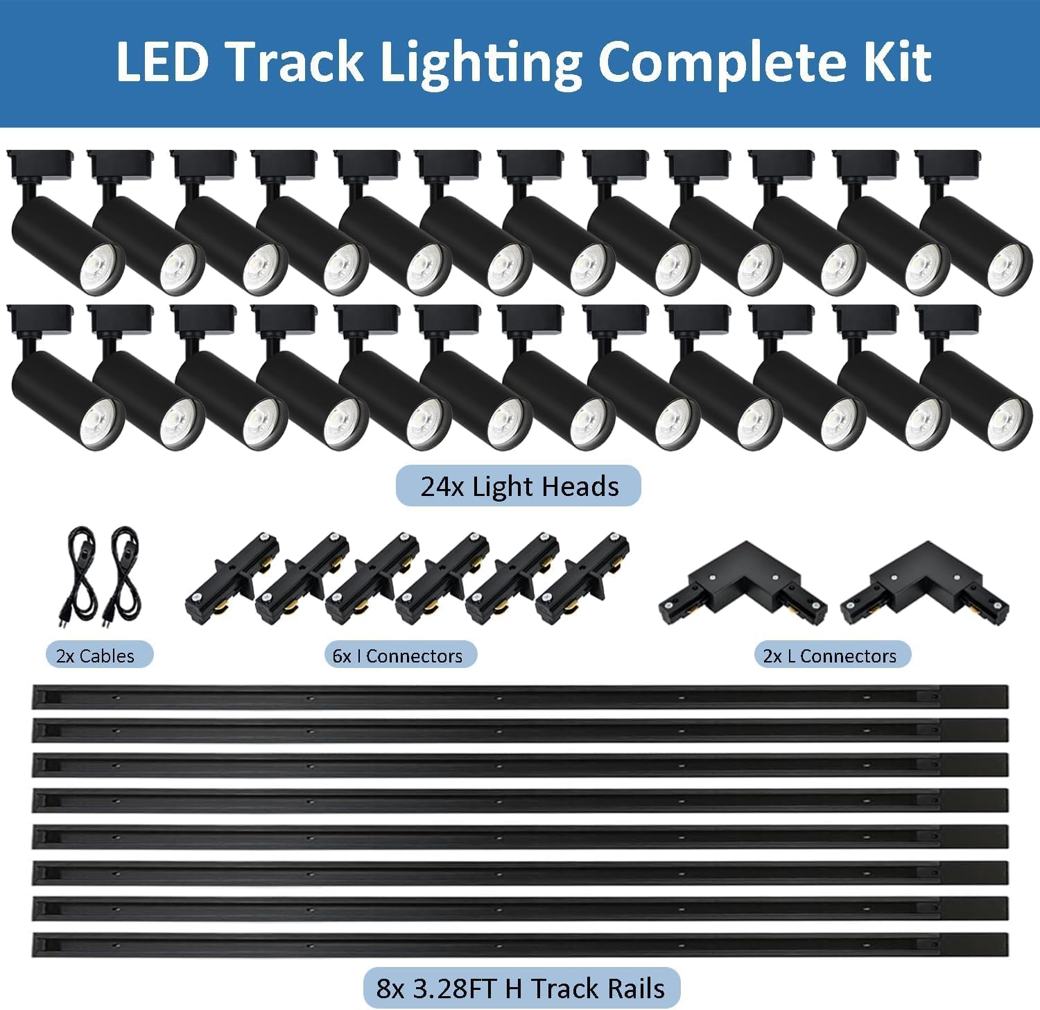 H Type LED Track Lighting Kit, Track Lighting 24 Heads Warm Light 3000K 25W 2700lm High Brightness Dimmable Track Lighting System with 26ft Track Rail, Adjustable Angle Light Heads